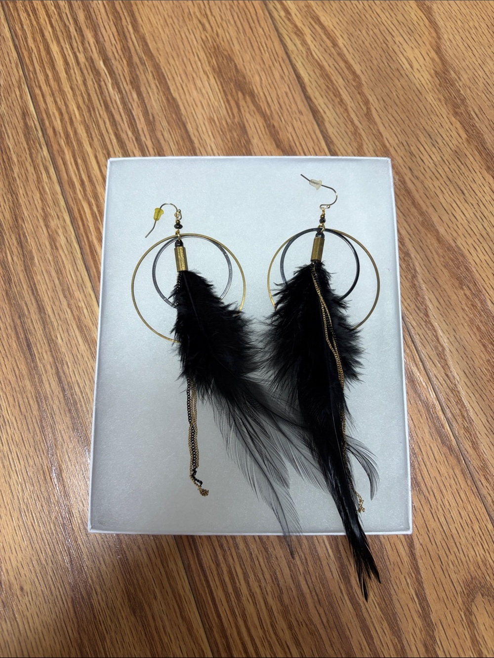 Black Feather & Gold Hoop Drop Earrings - Women Jewelry
